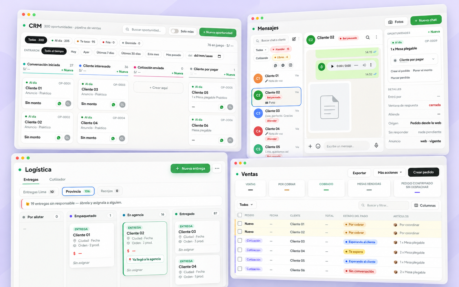 Composición ilustrativa de los módulos CRM, mensajes, logística y ventas con datos de ejemplo