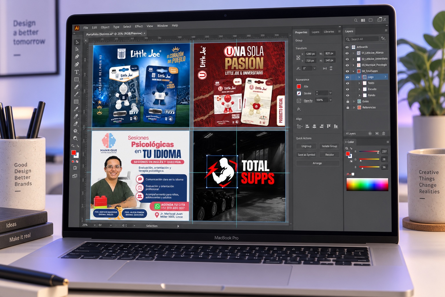 MacBook con diseños de Little Joe, Manrique y Total Supps abiertos en Illustrator