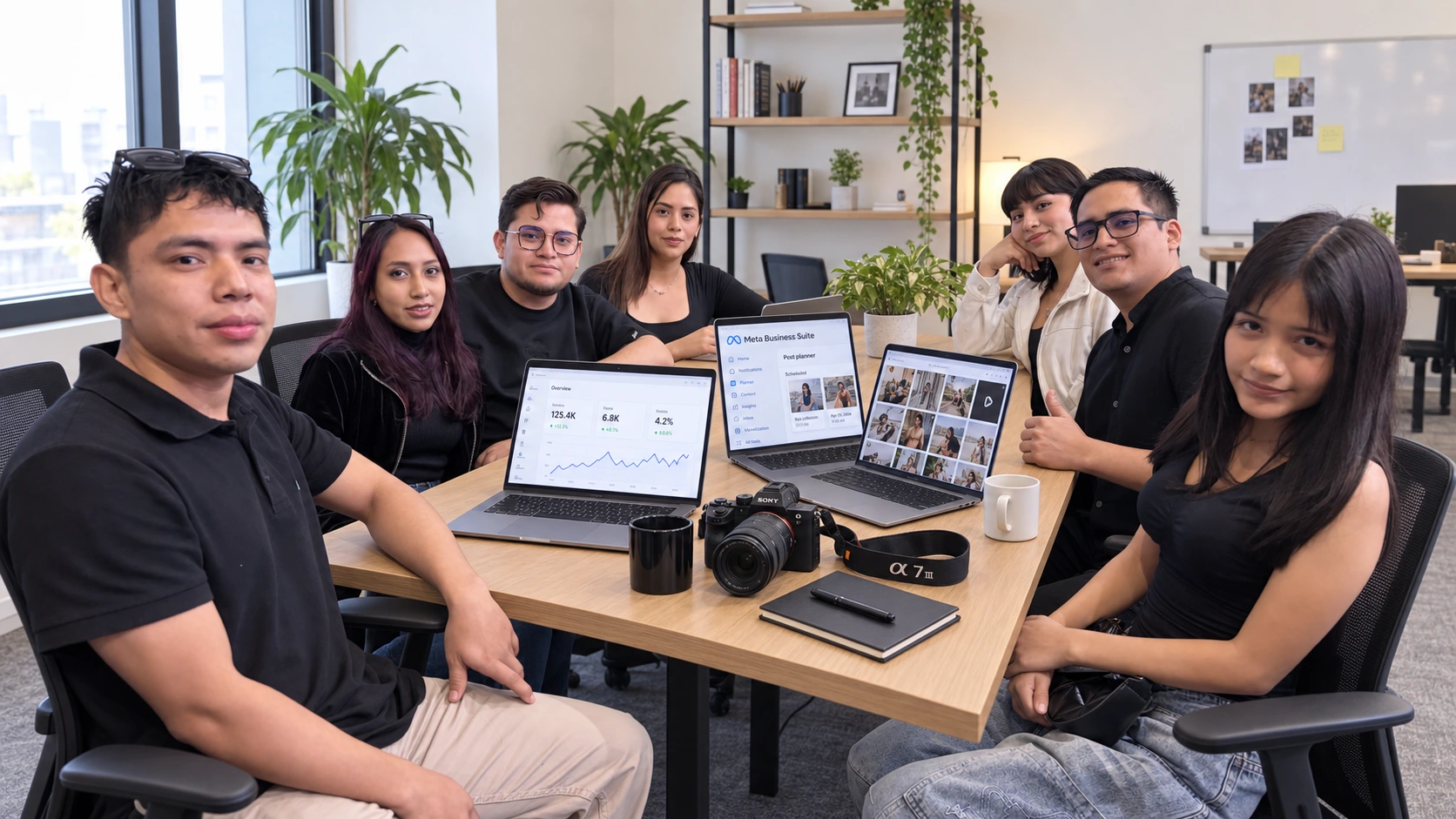 Recreación con IA del equipo de Distinto en una mesa de trabajo con métricas