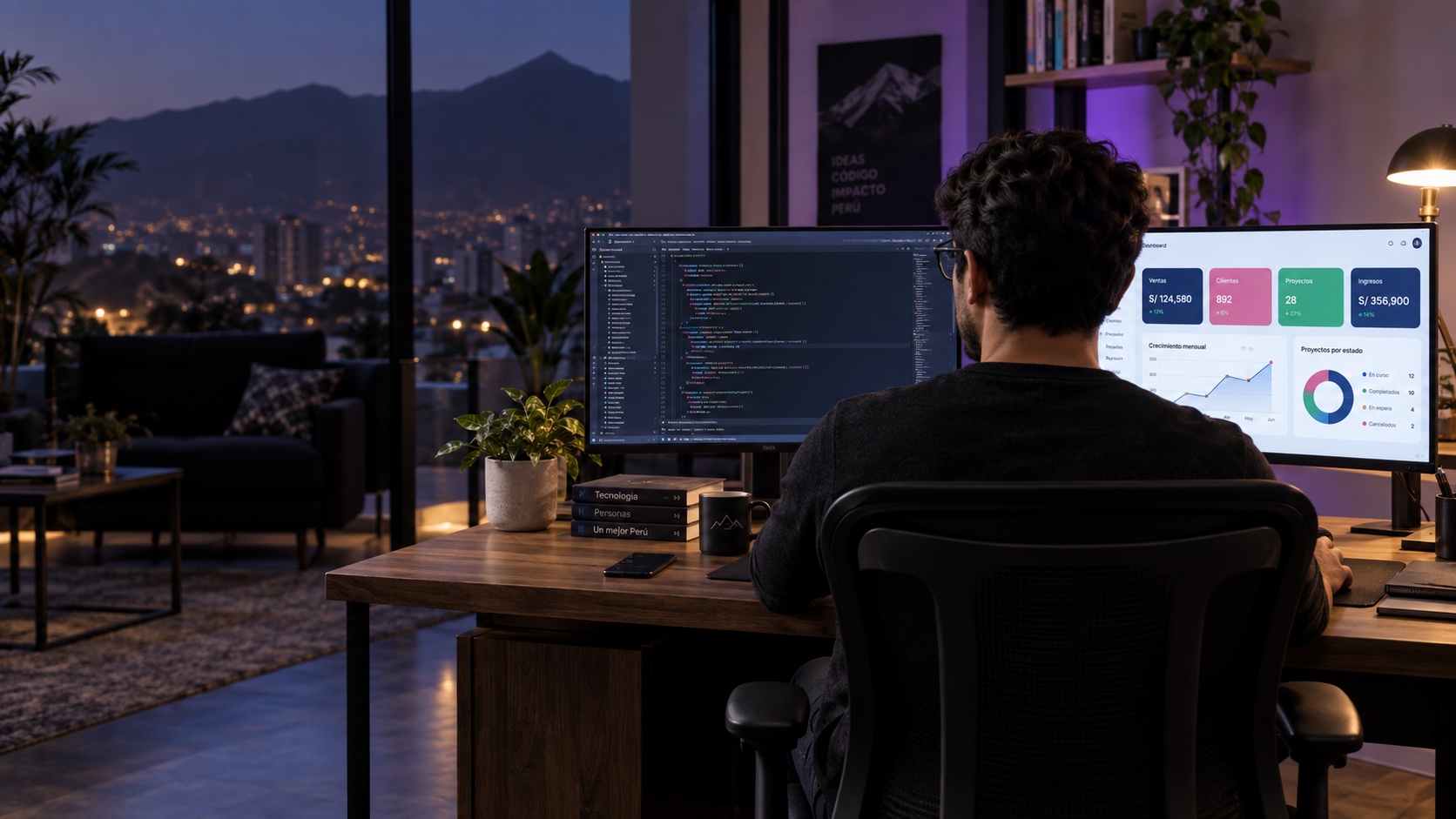 Programador trabajando con dos pantallas, código y un sistema de gestión