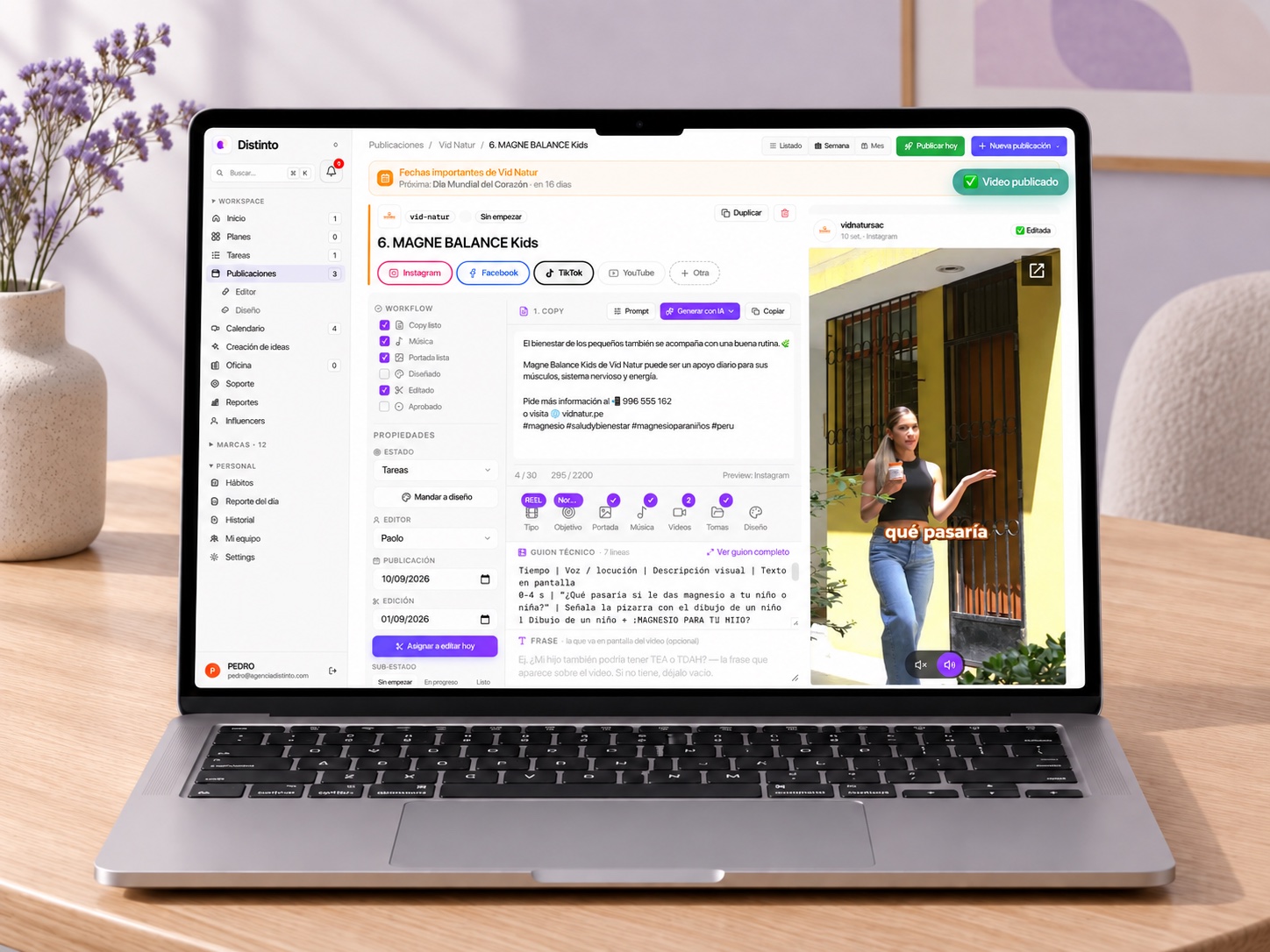 Detalle de una publicación de Vid Natur con guion, tareas y vista previa dentro del sistema de Distinto